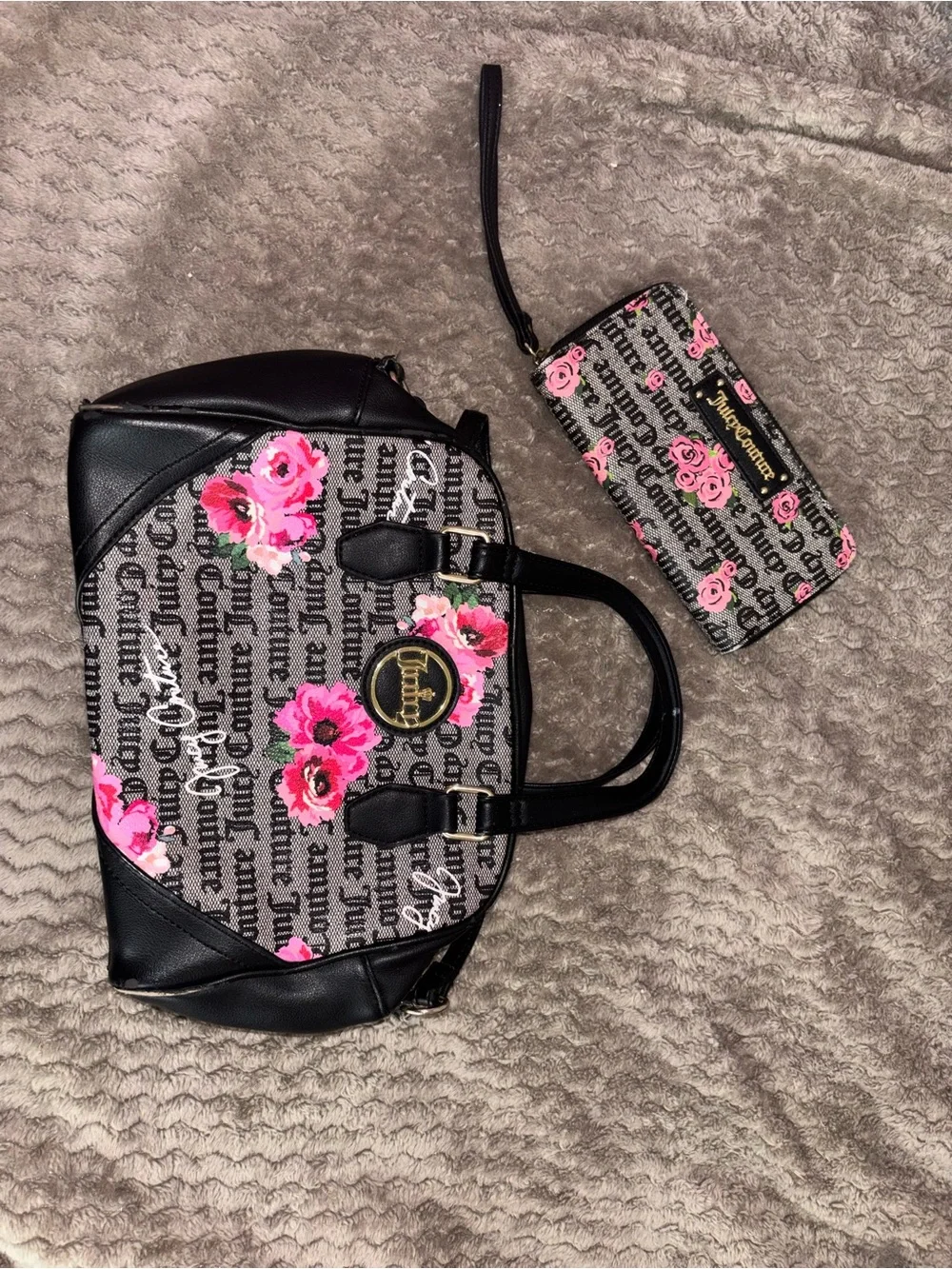 Juicy Couture Black and Pink Floral Logo Satchel with Matching Wristlet